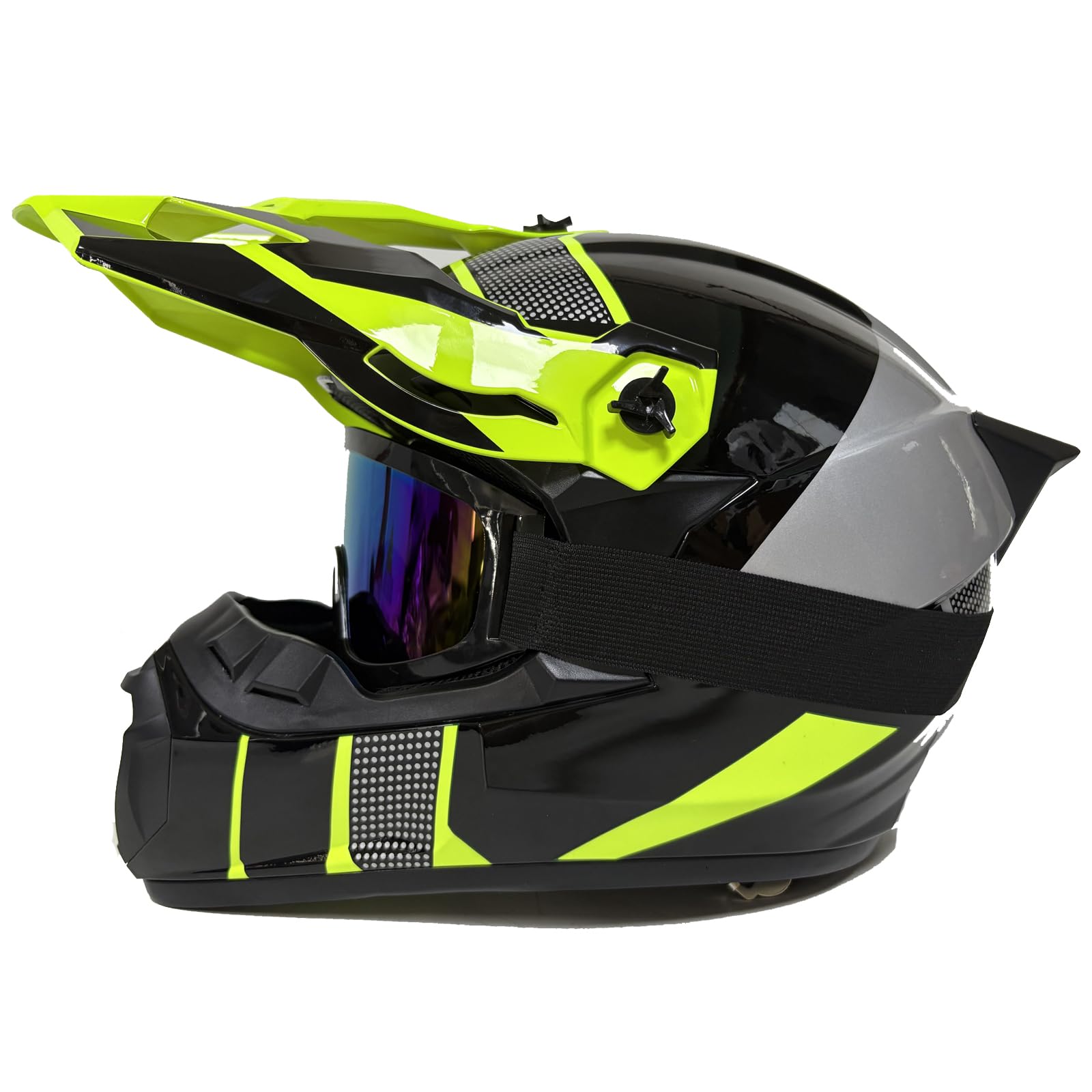 Motorradhelm Downhill Komplettset Kinder - Offroad Helm mit stylischem Heckflügel-Design, Vollvisier, Kinnschutz & Panorama-Brille + Atmungsaktivmaske für Dirt Bike/Quad/MTB(Bright yellow,XL(58~59cm))