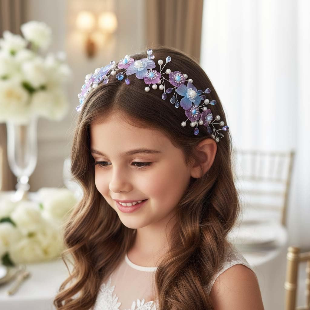 Campsis Flower Girls Headband Purple Floral Headpiece Pearl Wedding Hair Accessories for Women - Image 7