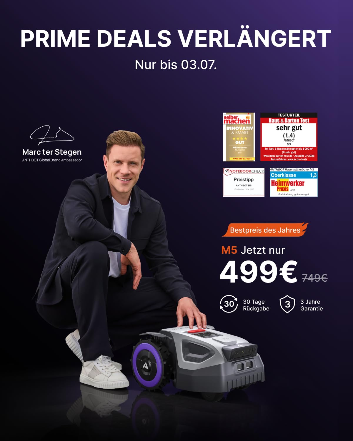 ANTHBOT M5 Mähroboter ohne Begrenzungskabel, Neuer Genie mit NRTK-Navigation & Dual-Vision, bis 500 m² (max. 700 m²), Schnitthöhe per App, KI-Hindernisvermeidung, Rasenroboter mit 45% Steigung
