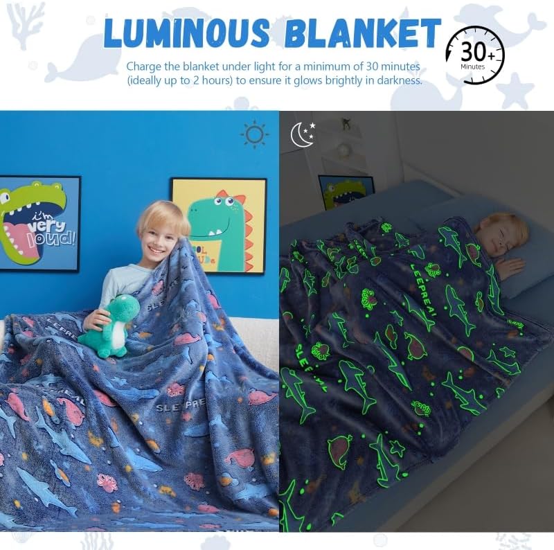 Valentines Day Gifts for Boys,Ocean Whale Gifts Toys for Boys Girls, Glow in The Dark Blanket Gifts Decor for Kids Age 3-14 Year Old Teen Child Toddler Luminous Bedroom Throw Blanket 50"x60" - Image 4