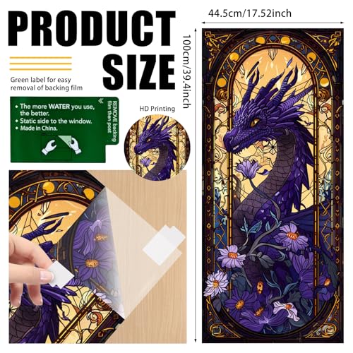 Image of Nuxovilar Stained Glass Window Film Dragon Floral Pattern PVC 17.7 x 39.4 Inches Window Clings for Glass Panel Privacy Decor for Game Room Study Entry Door