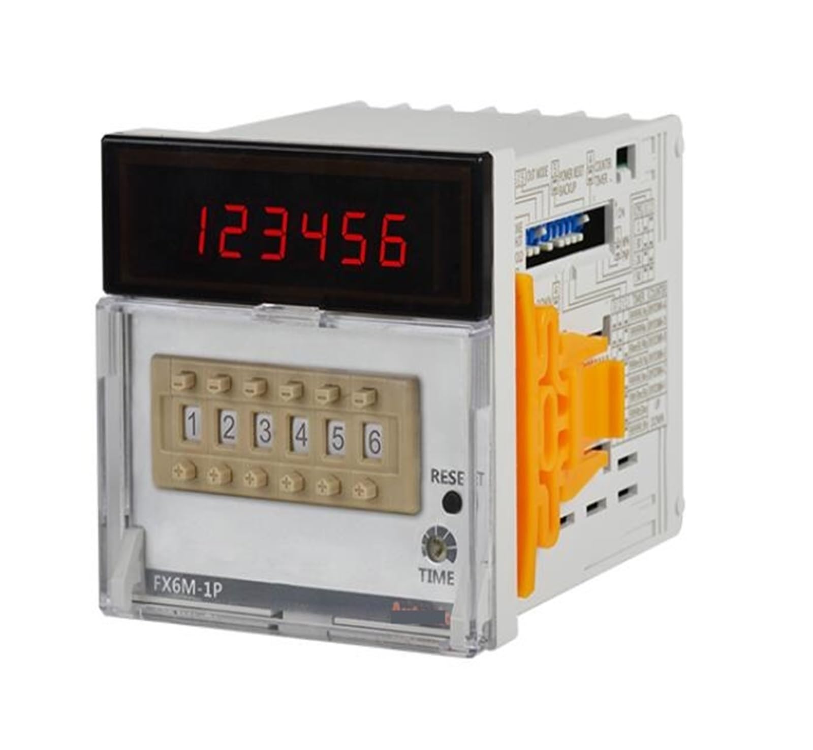 Contatore e timer FX6M-1P4, L72 X 72 mm, 6 cifre, LED, 1 preimpostazione, 2 uscite relè, 100-240 V CA