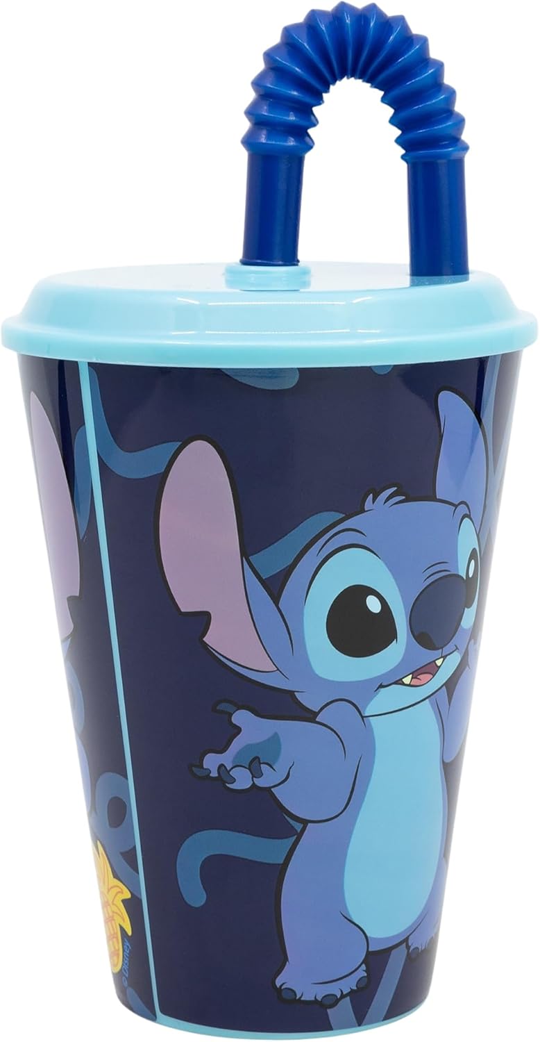 Reusable Children's Cup with Straw Made of BPA-Free Plastic, 430 ml, Stitch Palms, Blue