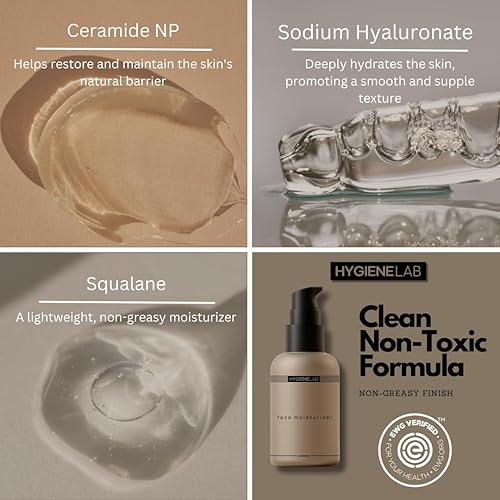 Miniatura 3 de HygieneLab Hidratante facial - Verificado por EWG, hidratación sin perfume, no grasa con escualano, aloe vera, ceramidas y ácido hialurónico, 1.7