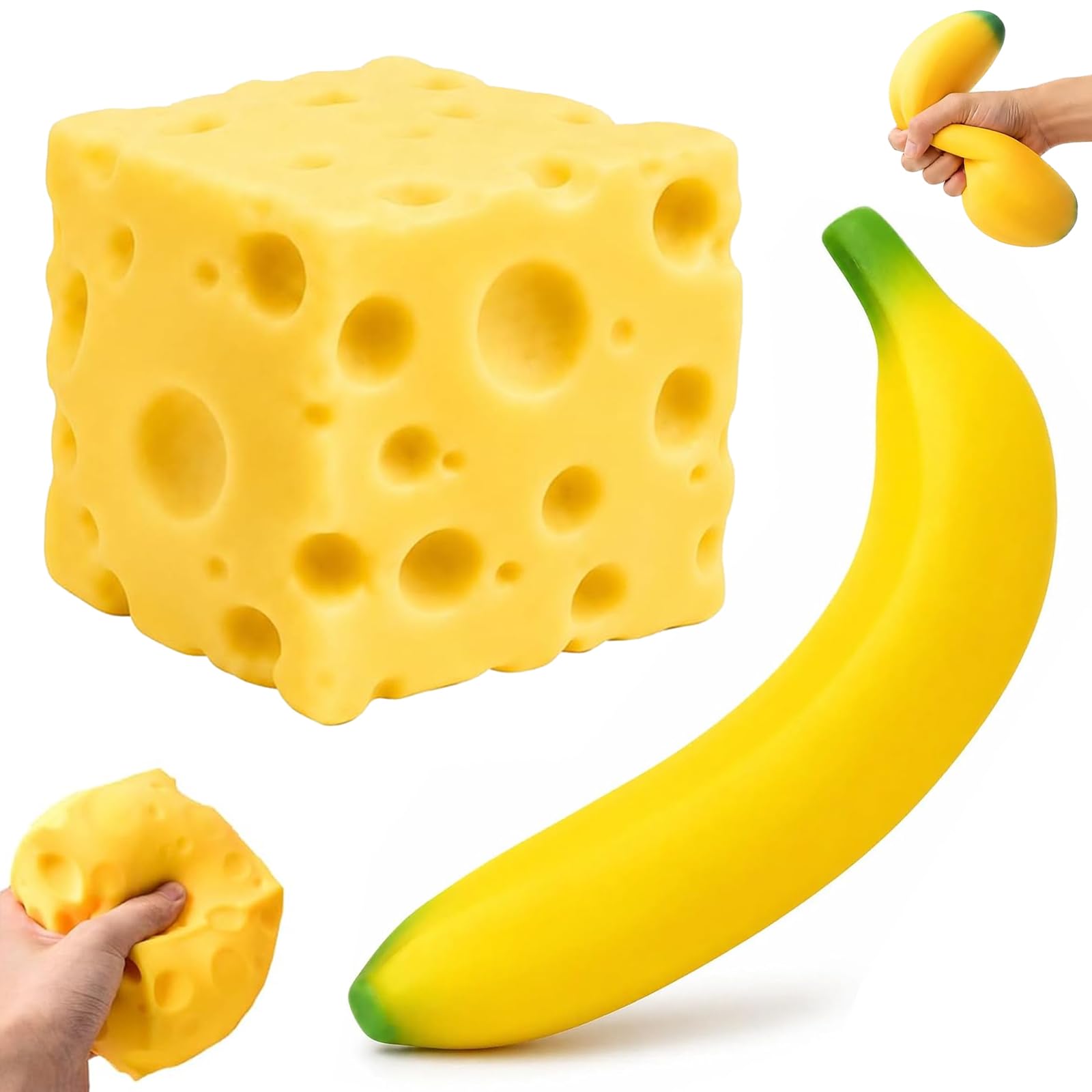 2 PCS Banana Squishy & Cheese Squishy, Squishies Fidget Toys Realistic Design for Anxiety Stress, Stress Balls for Adults for Home Office Classroom & Birthday Gifts Party Favors