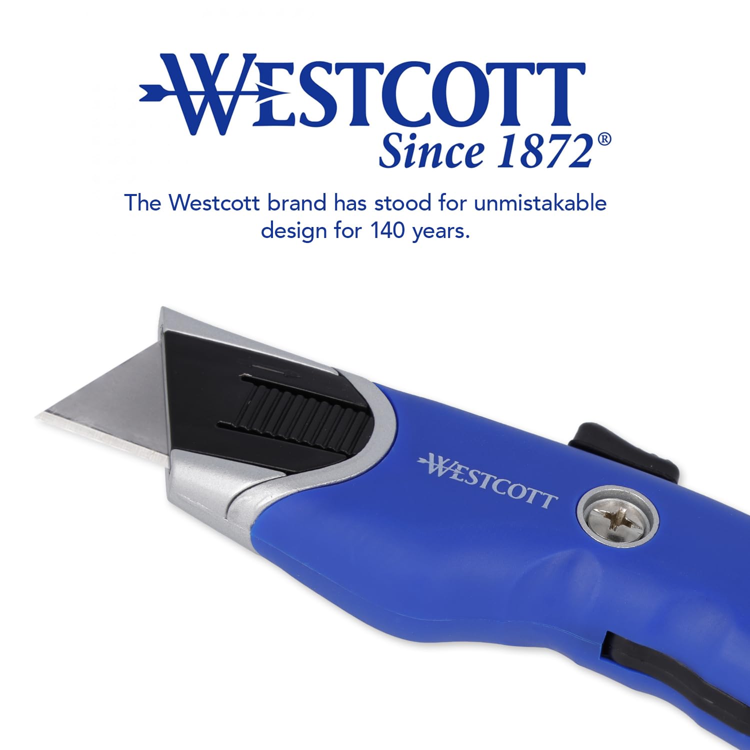 Westcott Taglierina di sicurezza resistente, 6 pezzi | Coltello multiuso con lama trapezoidale da 19 mm | Include 5 lame di ricambio | Lama a molla per la massima sicurezza | Manico ergonomico |