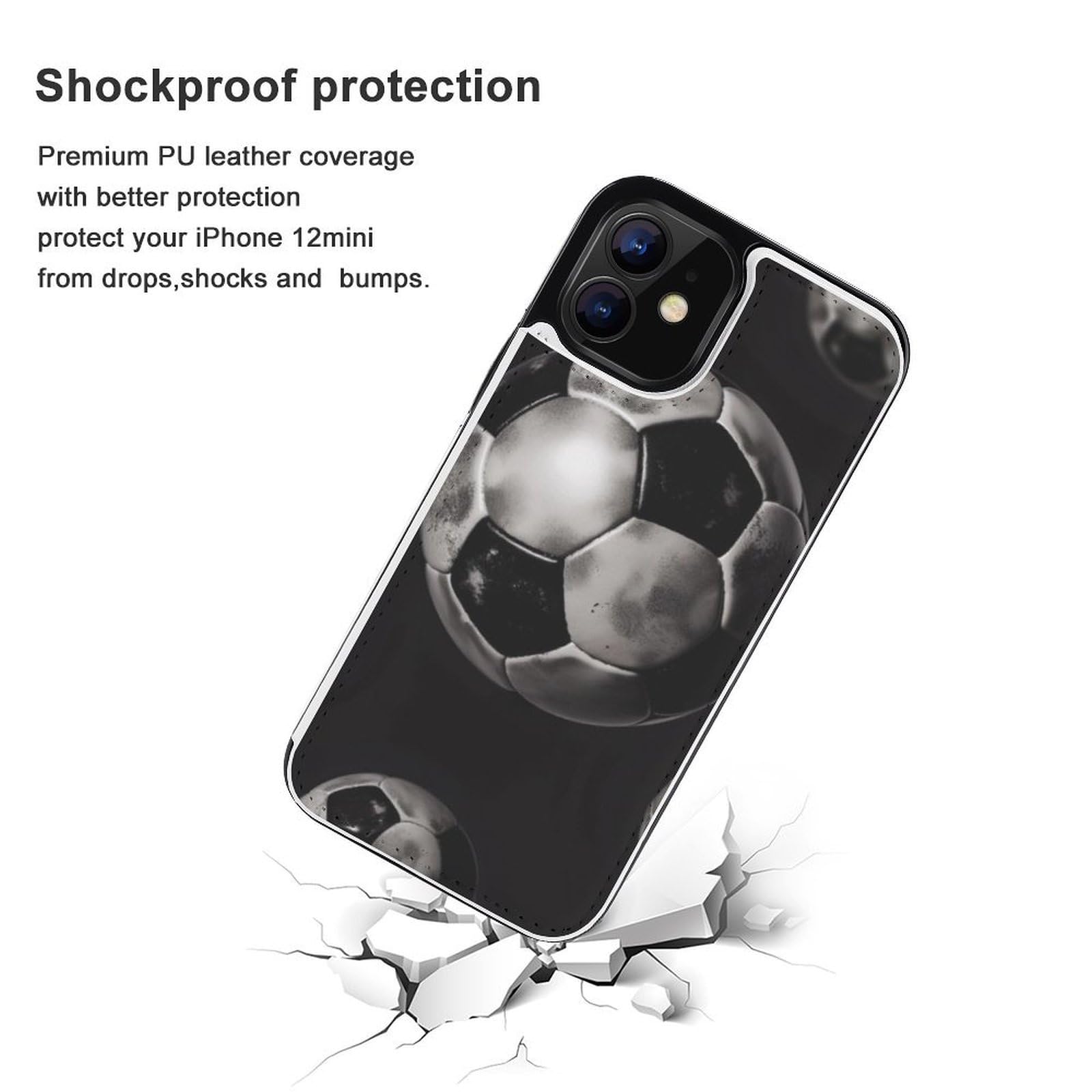 Funda tipo cartera para iPhone 12 Mini, diseño de fútbol con estampado de fútbol, funda de piel con ranuras para tarjetas