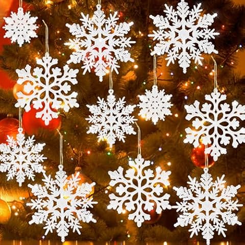 36 PCS Christmas White Hanging Snowflakes, Plastic Glitter Snowflake Christmas Tree Decorations for Indoor Winter Holiday New Year Wonderland Party Decoration Cover