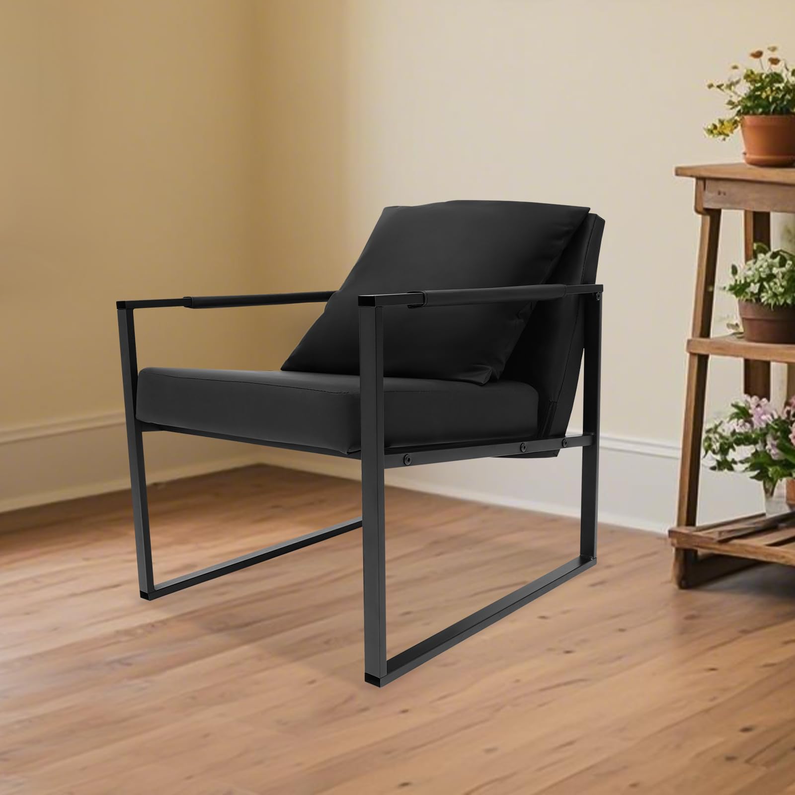 Sillón de salón moderno para el salón, sillón con cojín, diseño ergonómico, funda de piel sintética, cojín de espuma gruesa, marco de metal resistente a los arañazos, oficina, dormitorio, rincón de