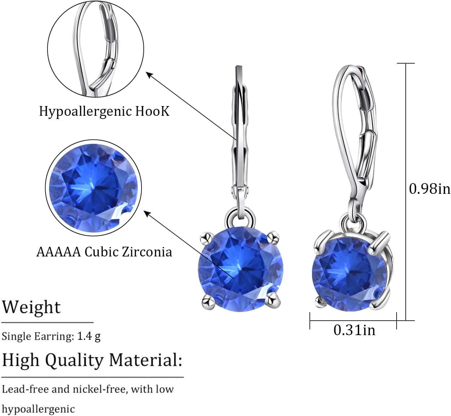 8MM Round Crystal Leverback Earrings, Vintage Style Birthstone Jewelry for Women, Sapphire, Garnet, Emerald Fashion Drop Dangle Earrings - Image 4