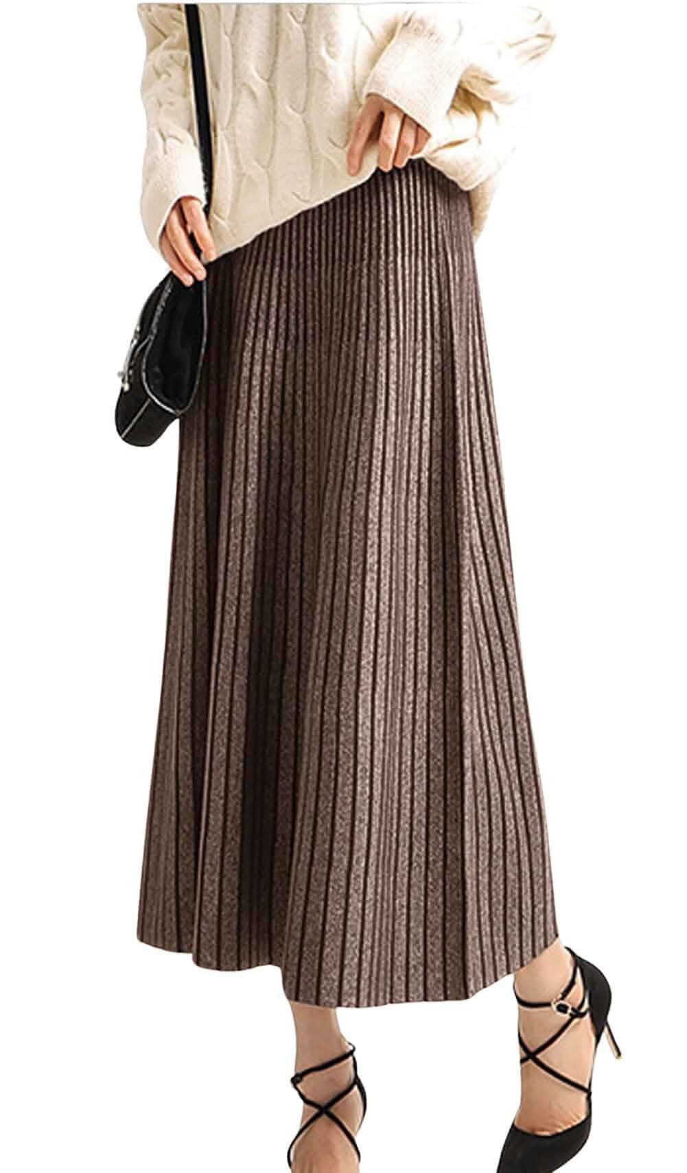 CHARTOU Women's Winter Reversible Stretchy Waist Knitted A Line Pleated Midi Skirt