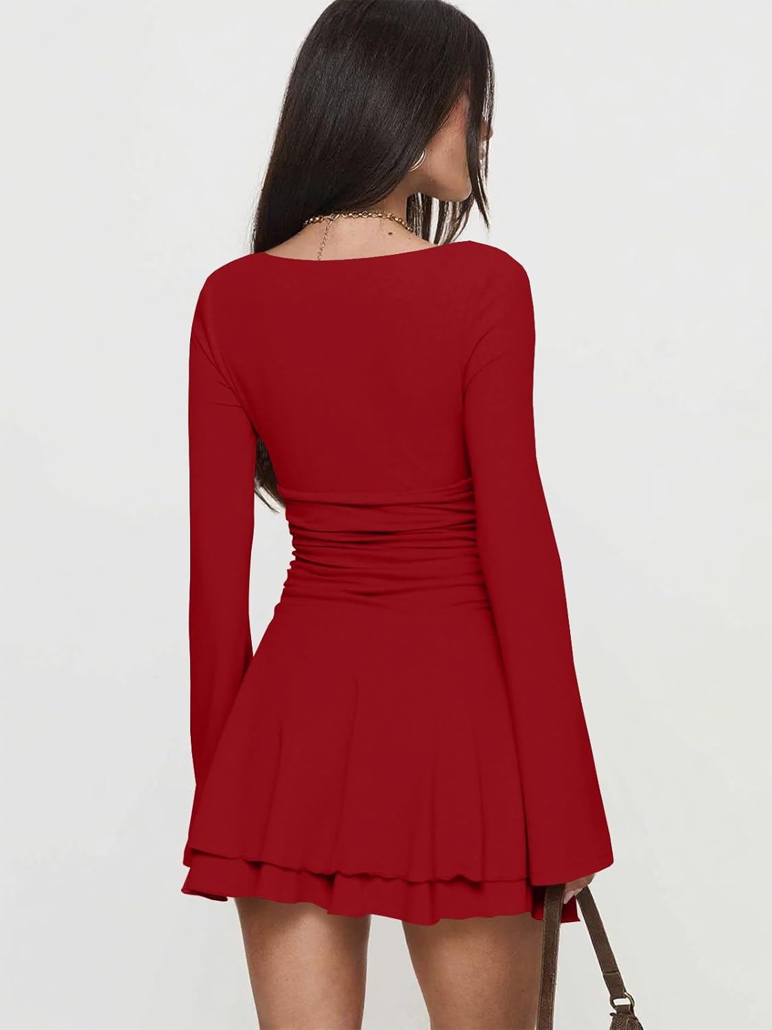 Women's Sexy V Neck Ruffle Hem Mini Dress Long Sleeve Ruched Waist Short Party Dress - Image 2