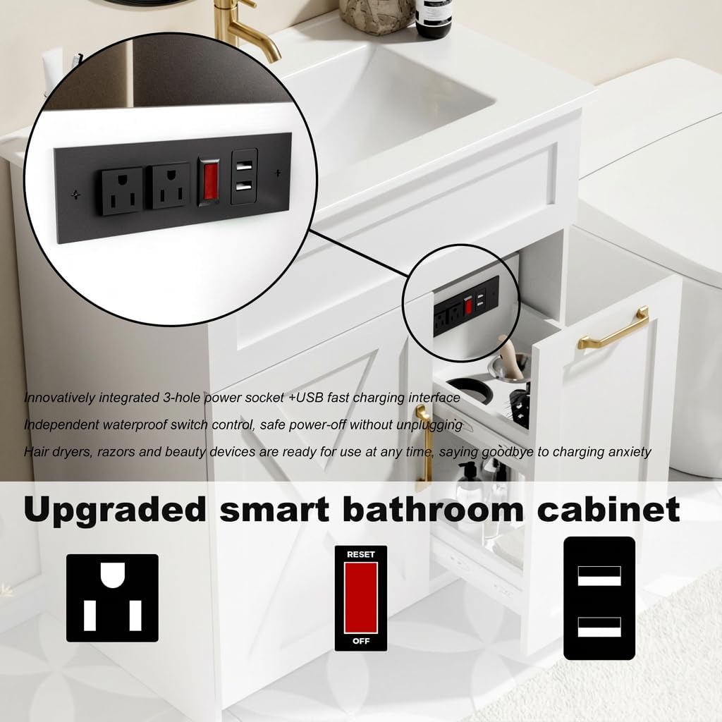 30" Bathroom Vanity with Sink,Bathroom Vanity Set with Hair Tool Organizer & Power Outlets, Farmhouse Bathroom Cabinet, Free Standing Bathroom Vanities with Metal Handle, Green