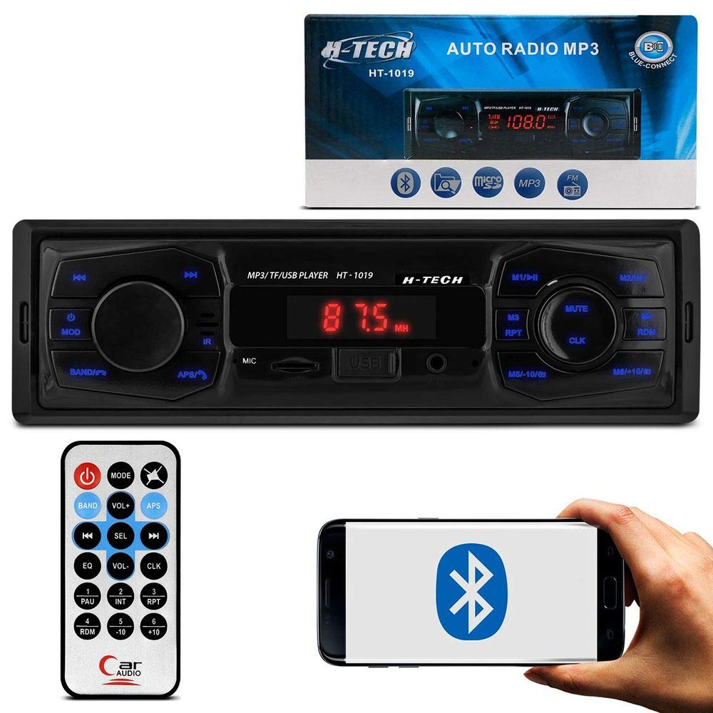 Front view of H-Tech HT-1019 Car MP3 Player with illuminated buttons and display