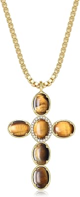 NUZON 14K Gold Plated Gemstone Cross Pendant Necklace for Women Turquoise/Tiger Eye/Amethyst/Obsidian/Moonstone/Rose Quartz Crucifix Faith Protection Jewelry Gift Adjustable Box Chain 18+ 2