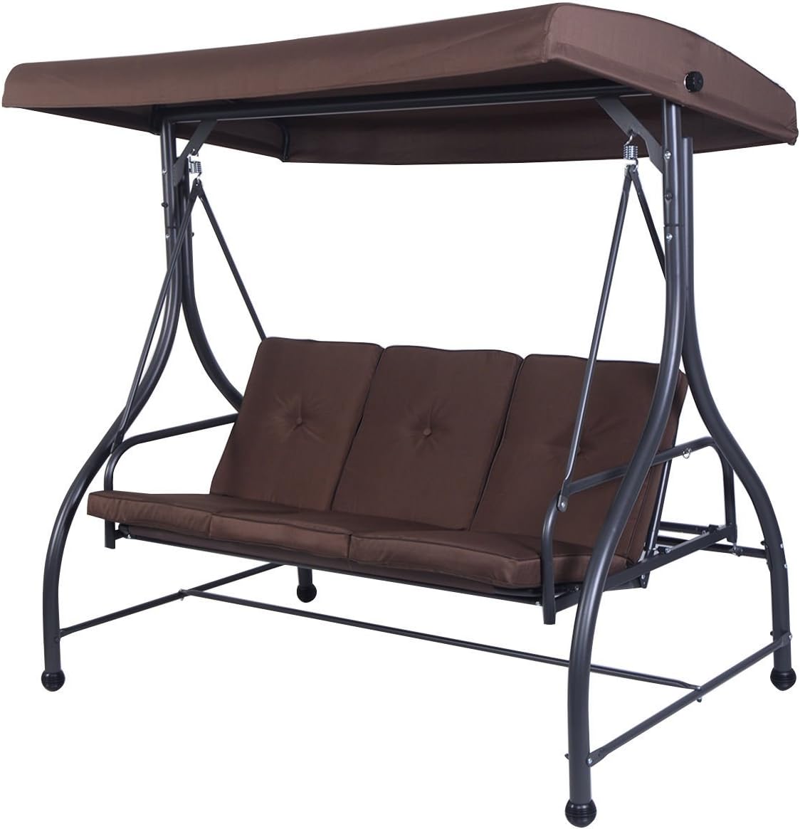 Tangkula Converting Outdoor Swing Patio Porch Garden Swing with Comfortable Cushion Seats, Adjustable Canopy & Coated Steel Frame Hammock 3 Seats Patio Deck Furniture (Brown)