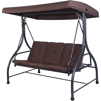 Amazon Com Tangkula Converting Outdoor Swing Patio Porch Garden Swing With Comfortable Cushion Seats Adjustable Canopy Coated Steel Frame Hammock 3 Seats Patio Deck Furniture Brown Garden Outdoor