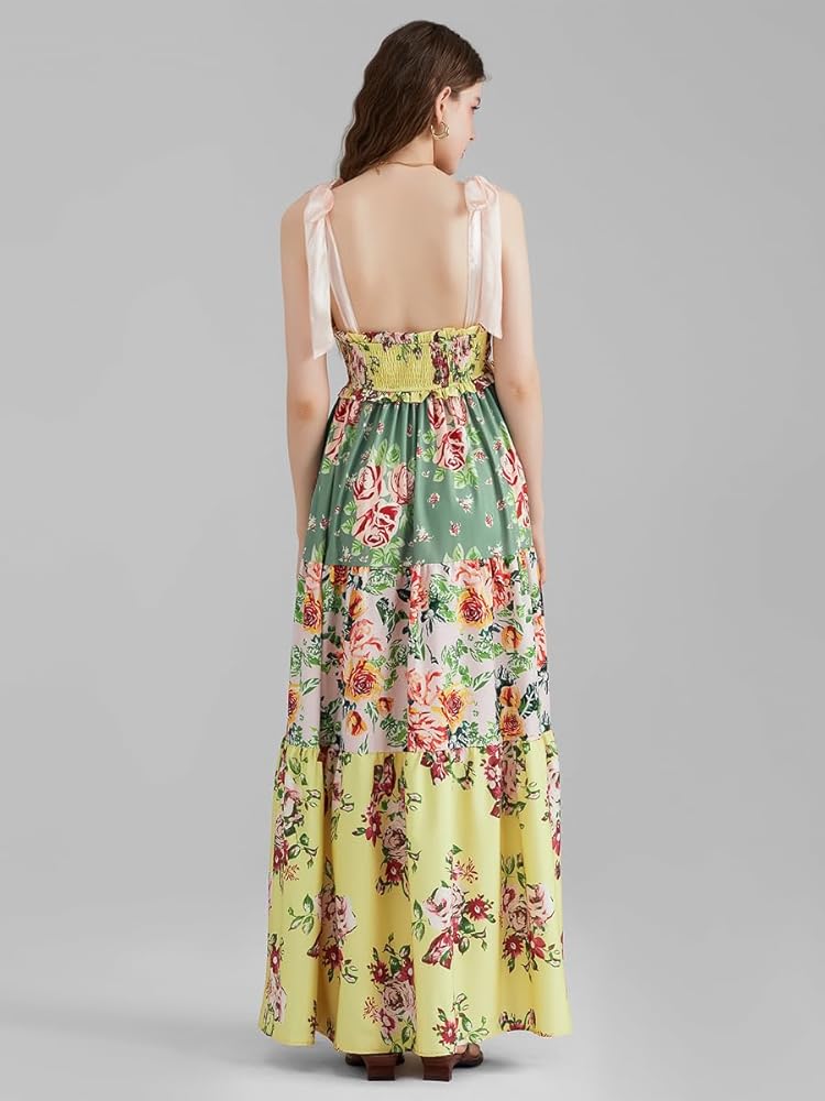 Women Summer Floral Spaghetti Strap Dress Flowy Smocked Tie