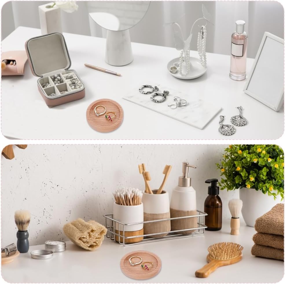 2pcs Round Wood Ring Tray Beech Wood Jewelry Tray 2.76x0.79 Inch Small Bathroom Vanity Trays Wedding Ring Holder Organizer for Necklace Bracelet Display Wedding Party Decor Gift image 5