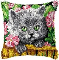ROCKY&CHAO Knüpfhaken-Kits, DIY Niedliche Katze Überwurf-Kissenbezug 43x43cm, Häkelarbeiten, für Anfänger, Kinder und Erwachsene, handgefertigt, Heimdekoration, Festival