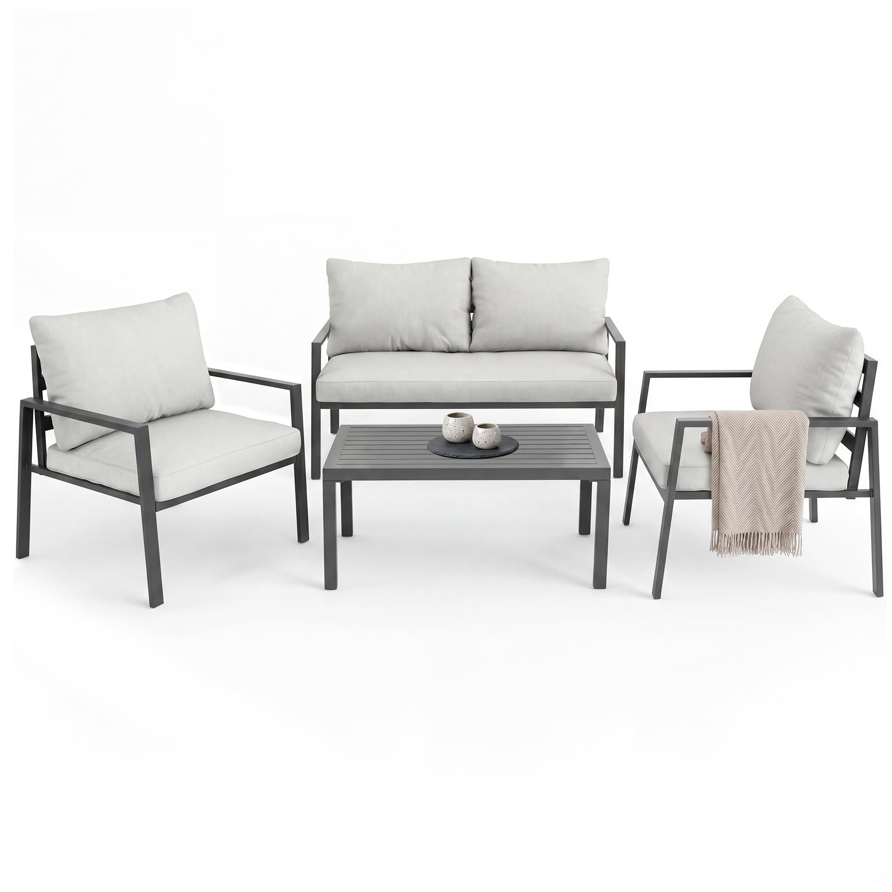 tectake® Aluminium Lounge, Set mit 2 Sessel 1 Sofa 1 Beistelltisch Outdoor, Gartenmöbel mit Kissen, Loungemöbel Set für Balkon, Garten, Wintergarten, Terrassenmöbel - hellgrau