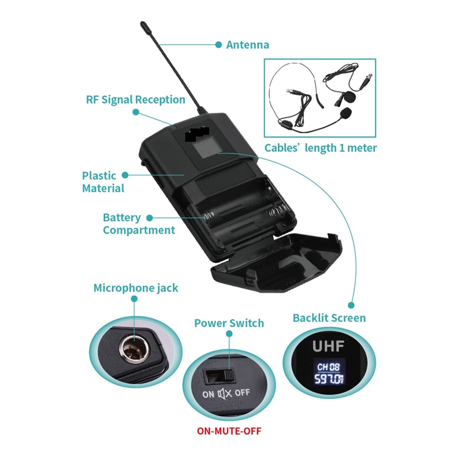 CLEIDE Mixer Audio, Dual Way Transmitter UHF Wireless Microphone with Handheld + Bodypack + Lapel + Headset Mic for Karaoke Church Youtube Facile da Usare e Controllare, Compatibile con PC