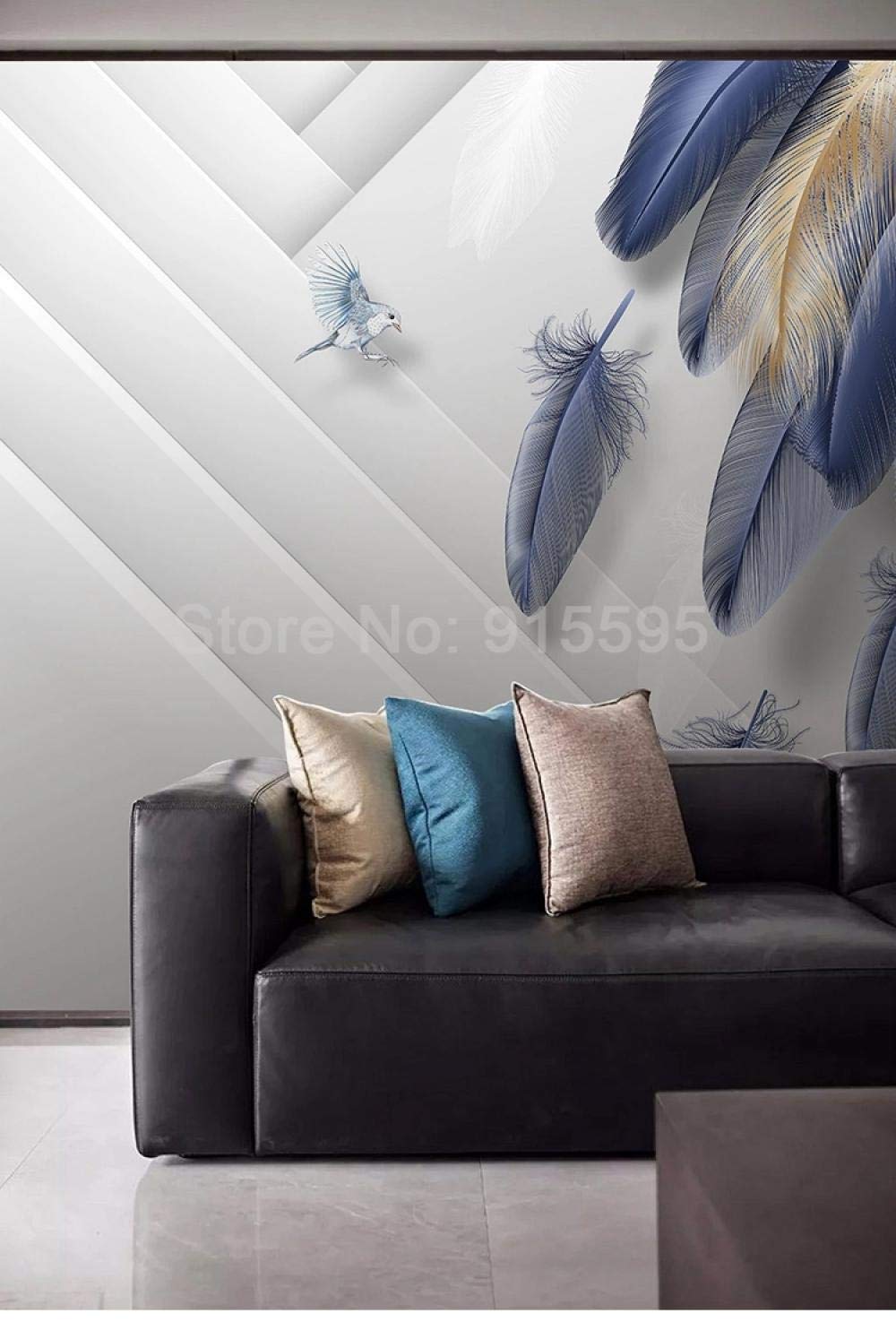Papier peint 3D géométrique plume bleue pour rénover un mur de salon