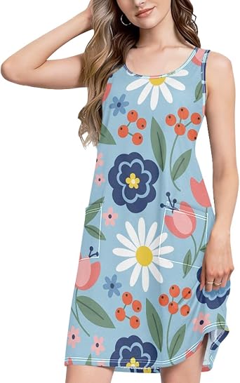 Blue Floral Daises Casual Dresses for Women Summer Sleeveless Dress with Pockets A-Line Beach Vacation Outfit Small
