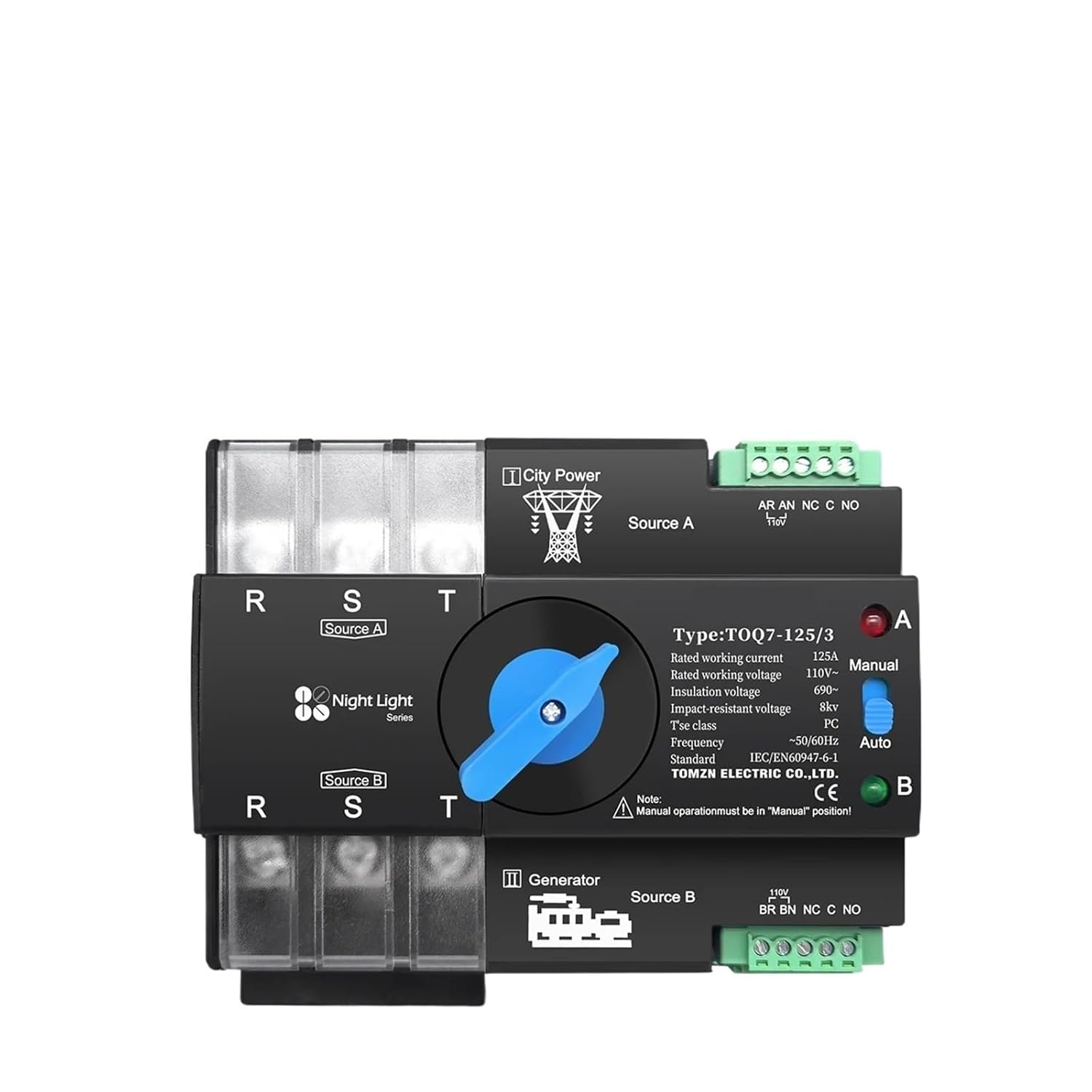 1pc 2P L N 110V-120V 63A Din Rail 3 phase Dual Power Automatic Tra
