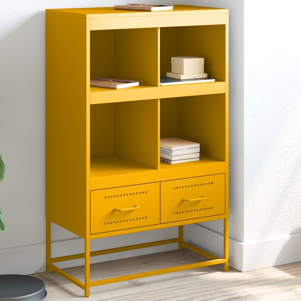 Armadietto alto, 68 x 39 x 111,5 cm, in acciaio, colore giallo | Armadio compatto in acciaio con 4 ripiani e 2 cassetti per uno spazio versatile in soggiorno o camera da letto.