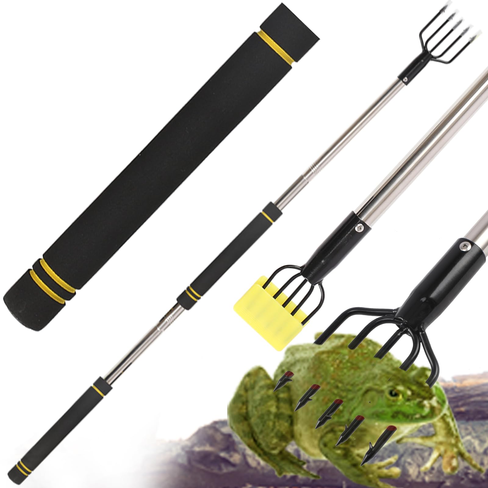 Frog Gigging Pole,32 to 92In Fishing Gig Gaff with Barbed 5-Prong Harpoon Stainless Steels Flounder Gig Extension Pole Long Handle with Spong Handle Hunting Bullfrog Spears Fish Hook Sturdy