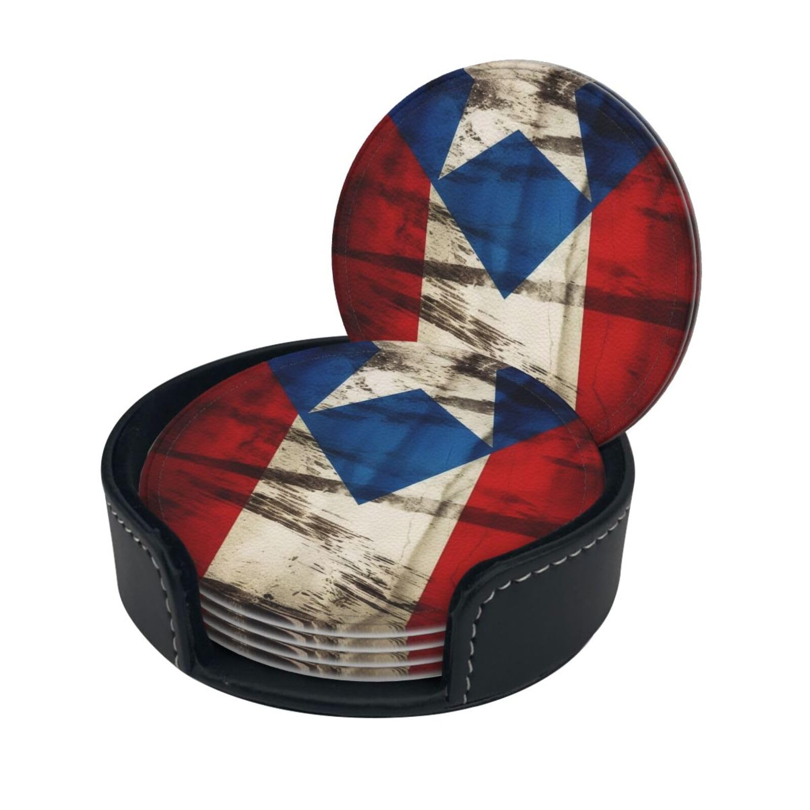 Stylish Coasters - Puerto Rico Flag Set of 6 Round Leather Drink Coasters with Holder - Perfect Size for Cups and Glasses
