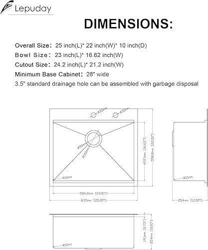 Miniatura 5 de Lepuday - Fregadero de cocina negro de 25 pulgadas para fregadero de cocina con estación de trabajo color negro plomizo, calibre 16, cuenco