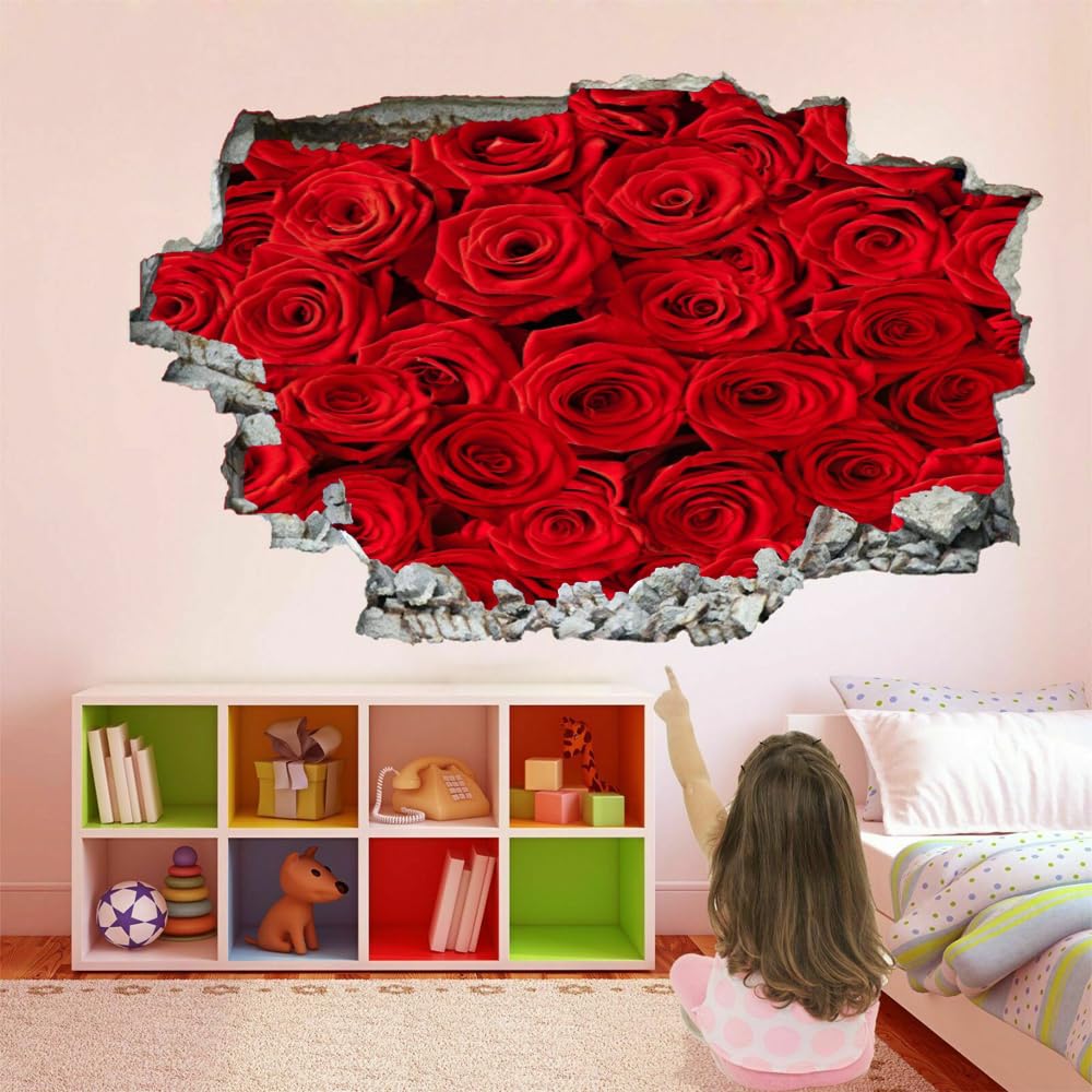 Decorazioni da parete Adesivi 3D fracassati Rosa rossa Rimovibile Art Wall Tattoo Pianta Famiglia Decalcomanie da muro per la casa Nursery Girls Bambini Soggiorno Camera da letto Decorazione