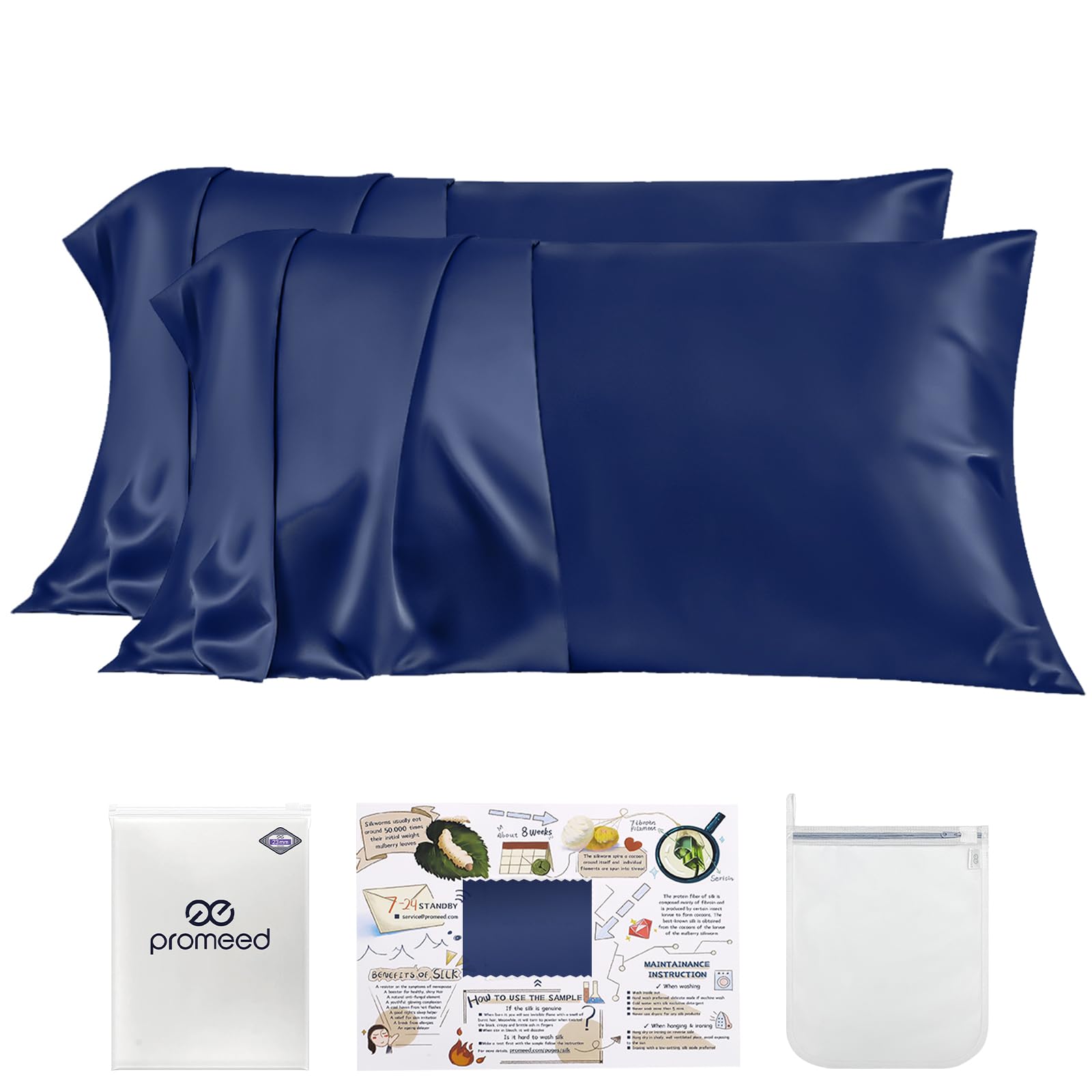 PROMEED 23 Momme Silk Pillowcases 2pcs Set, Mulberry Silk Pillow Case Set of 2, Ultra Soft Silk Pillowcase for Hair and Skin (Queen 20"x30", Navy)