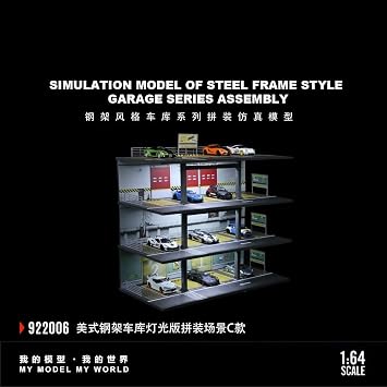1:64 Diorama Garage Model, LED Lighting 4 Tier Parking Lot Scene Display | 1/64 Diecast Model Cars Display Storage, 20 Parking Space Display Case Showcase, Building Model