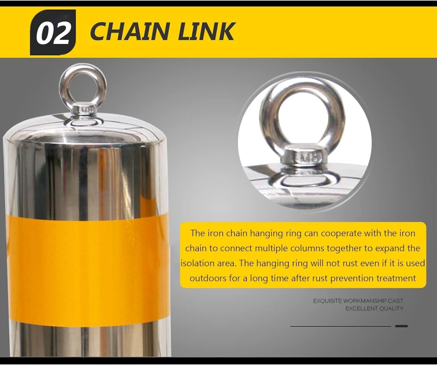 Driveway Parking Barrier Cones Stainless Steel Security Bollards with Hanging Ring 114mm Wide Concrete-Installed