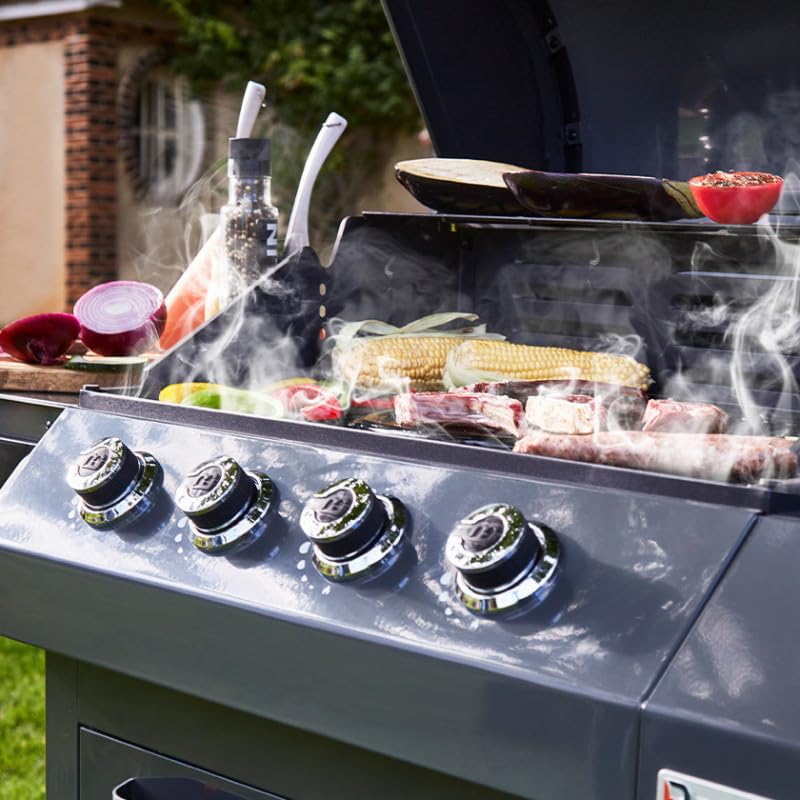 BRASERO BY FAVEX -Barbecue gaz Emma 4 + 1 Side Gun Metal – 4 brûleurs + latéral – 15,1 kW – Grille fonte 64 x 41,5 cm – FLEXIGRILL – 12 convives