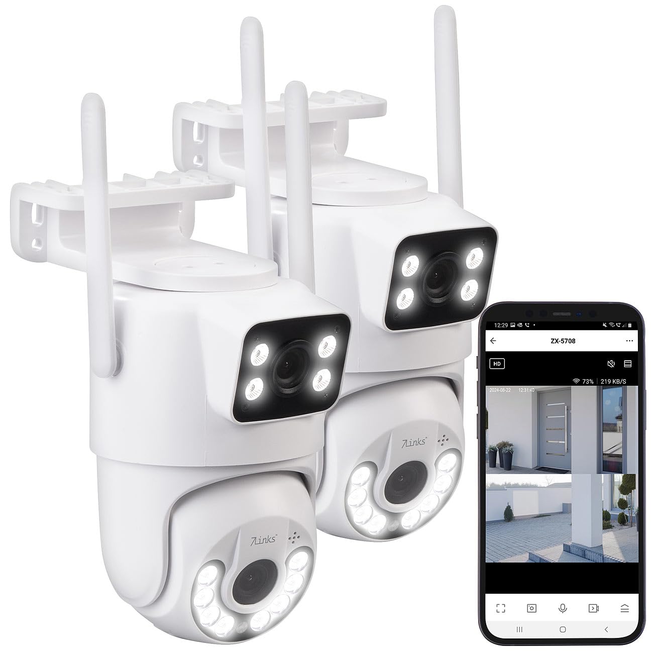 7links 2K-Überwachungskamera: 2er Dual-Objektiv-IP-Außen-Kamera, 2X 2K, 3MP, Pan-Tilt, 360°, WLAN (Dual-Objektiv-Überwachungskamera, Panorama-außen-Überwachungskamera, SD Karte)