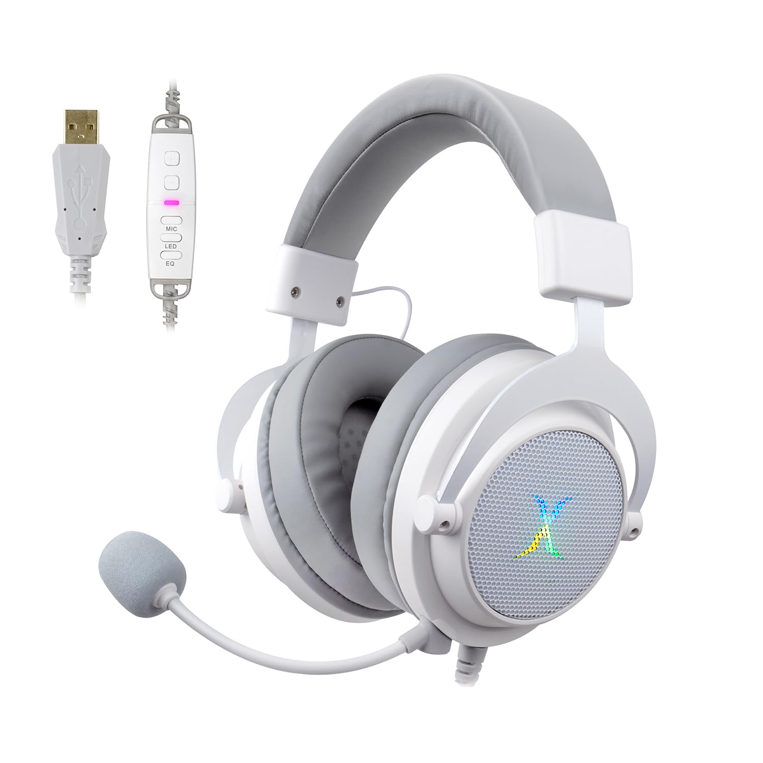 FOXXRAY HAU-37 - Auriculares USB para juegos para PC, auriculares de computadora con micrófono, sonido envolvente 7.1, controladores dinámicos de 50 mm, luz RGB, auriculares con cable para PS4, PS5