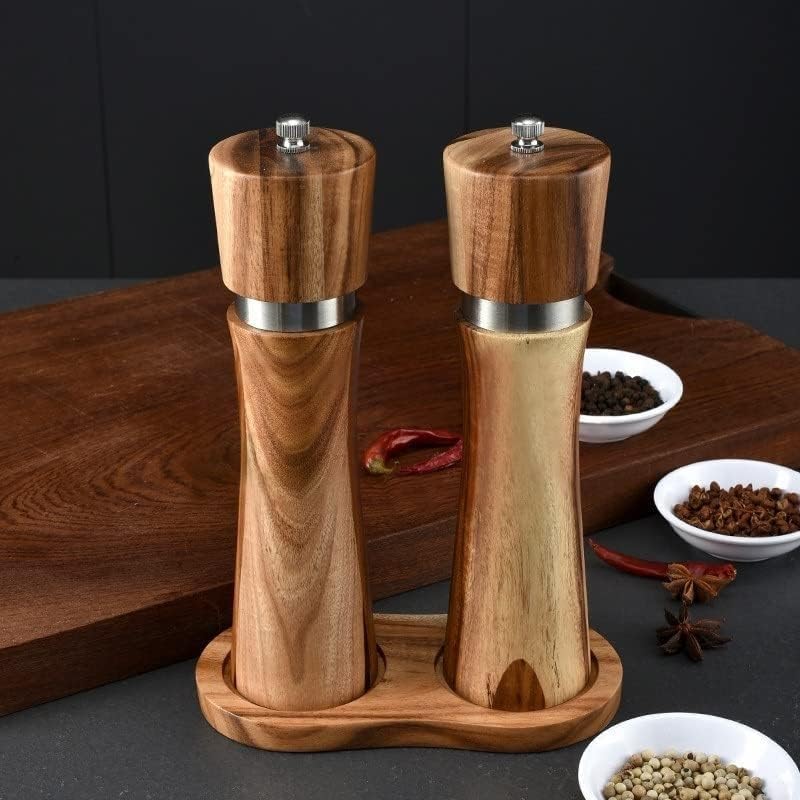 6/8/10 Inch Wooden Pepper Grinder Set with Wood Holder Manual Salt and Pepper Mills Spice Shaker Grinder Kitchen BBQ Tools (Size : Small)