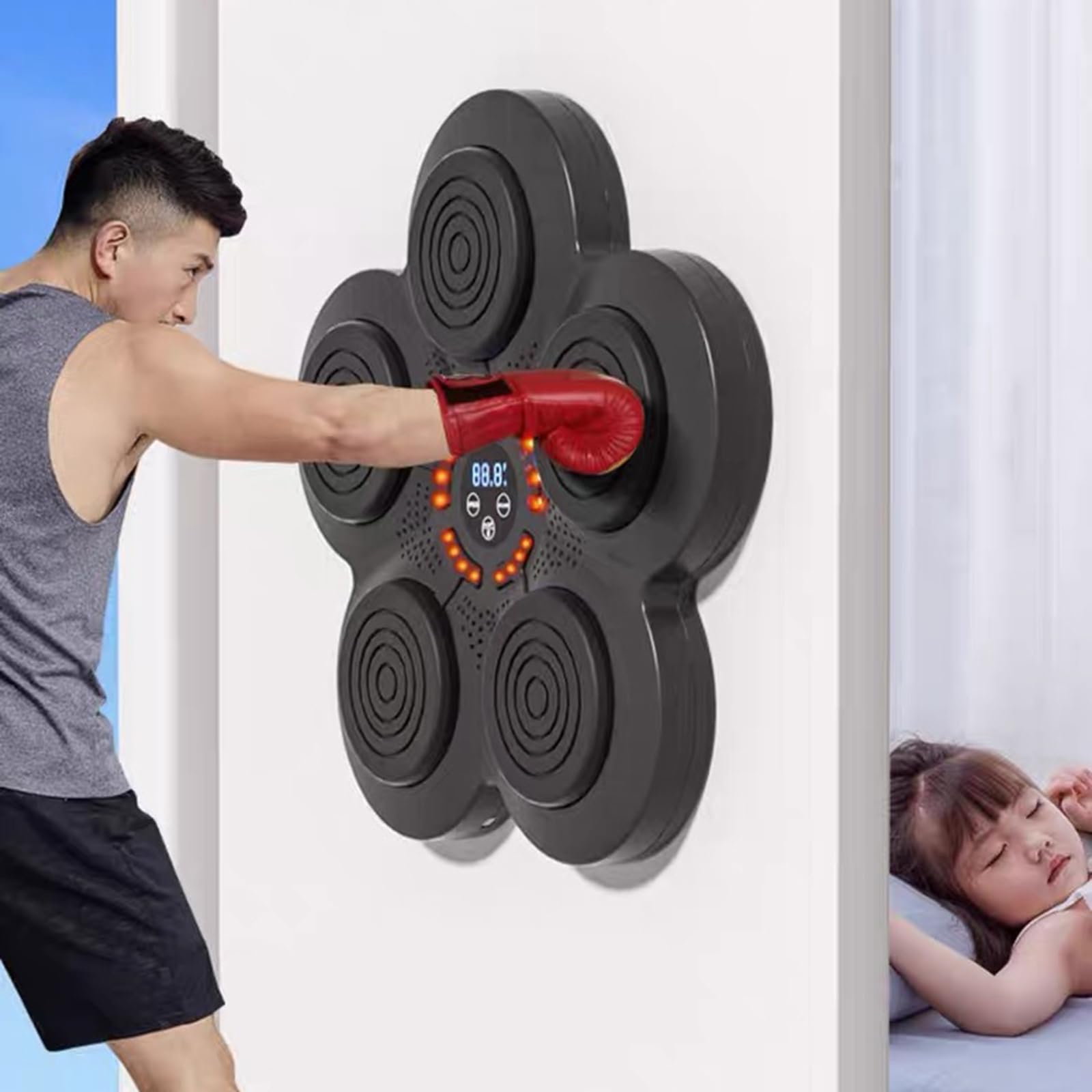 Machine d'entraînement de boxe musicale, équipement de frappe mural intelligent avec gants de boxe professionnels, mode de vitesse à 9 vitesses, réaction main/œil/vitesse pour soulager le stress