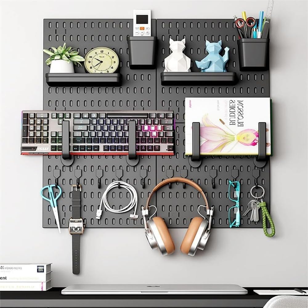 JoyzzzPegboard Wall Mount Display, 4 Pack Pegboard Combination Kit with 18 Accessories, Plastic Display Pegboard Panel Kits Modular Hanging, Wall Organizer PegBoard Organizer for Home, Office