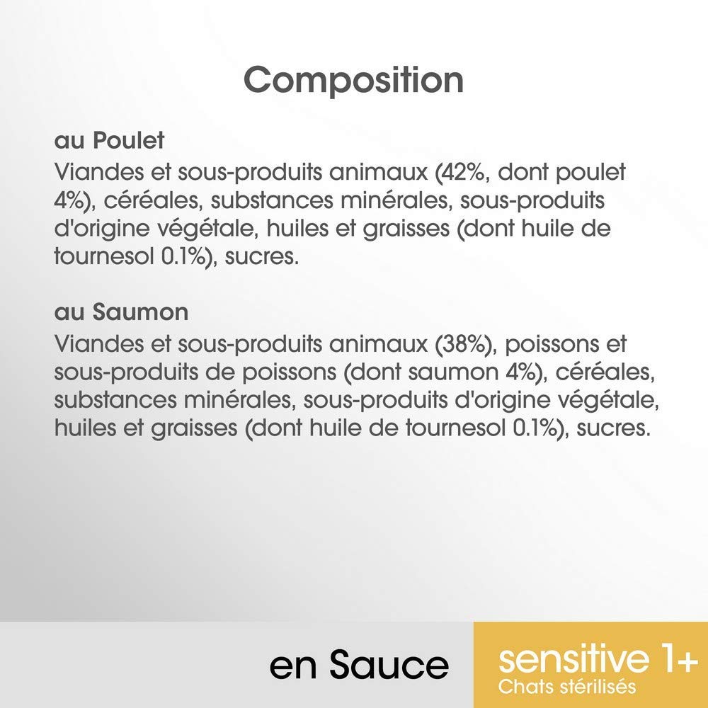 Sensitive 1+ – Sacchetti per gatti adulti sterilizzati – Soddisfa esigenze specifiche di un gatto sterilizzato – Ricco di pollo e salmone – 52 bustine da 85 g