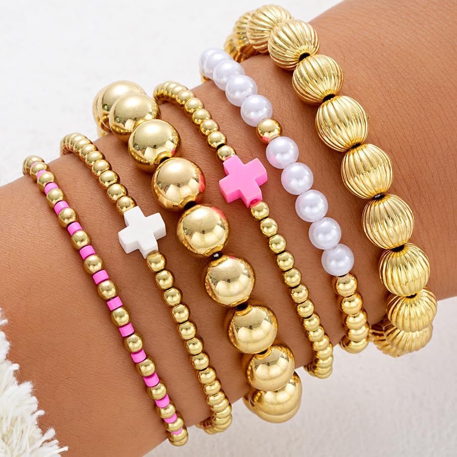 CJIAYUJEW Gold Beaded Bracelet Stack for Women Stretch Cross Pearl Black&gold Beaded Bracelets Set Stackable Jewelry - Image 2