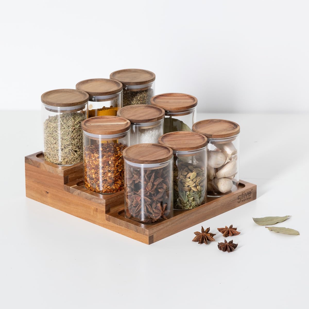5five - Présentoir à Épices Harmony - Bois d'Acacia, Verre - L 23 x P 24 x H 15 cm, 9 Bocaux, 3 Niveaux - Étagère de Rangement Pour Cuisine