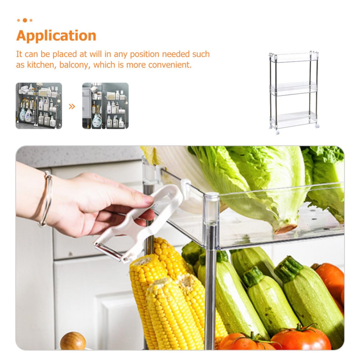 GARVALON Ripiano Carrello per Cucina a 3 Livelli con Ruote, PET Trasparente, Acciaio Inossidabile, Spazio Ampio, per Giocattoli e Balcone