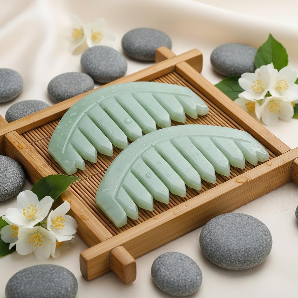 2Pcs Nature Jade Stone Massage Comb,Traditional Natural Jade Massager Acupuncture Head Therapy Trigger Point Treatment On Head Gua Sha Board Manual Scalp Massagers Massage Tools