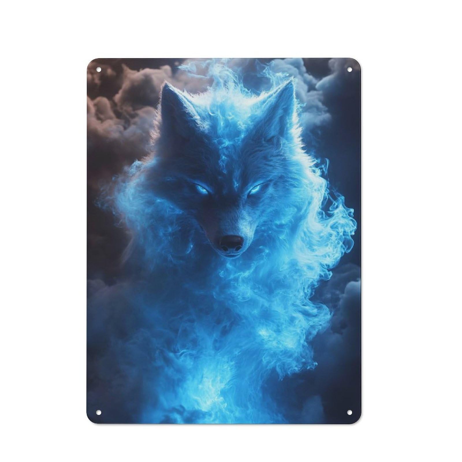 Vintage Tin Wall Sign 40x30cm Featuring Blue Fire Wolf, Room Wall Plaque for Flat, Dorm Room, Lounge Or Cafe