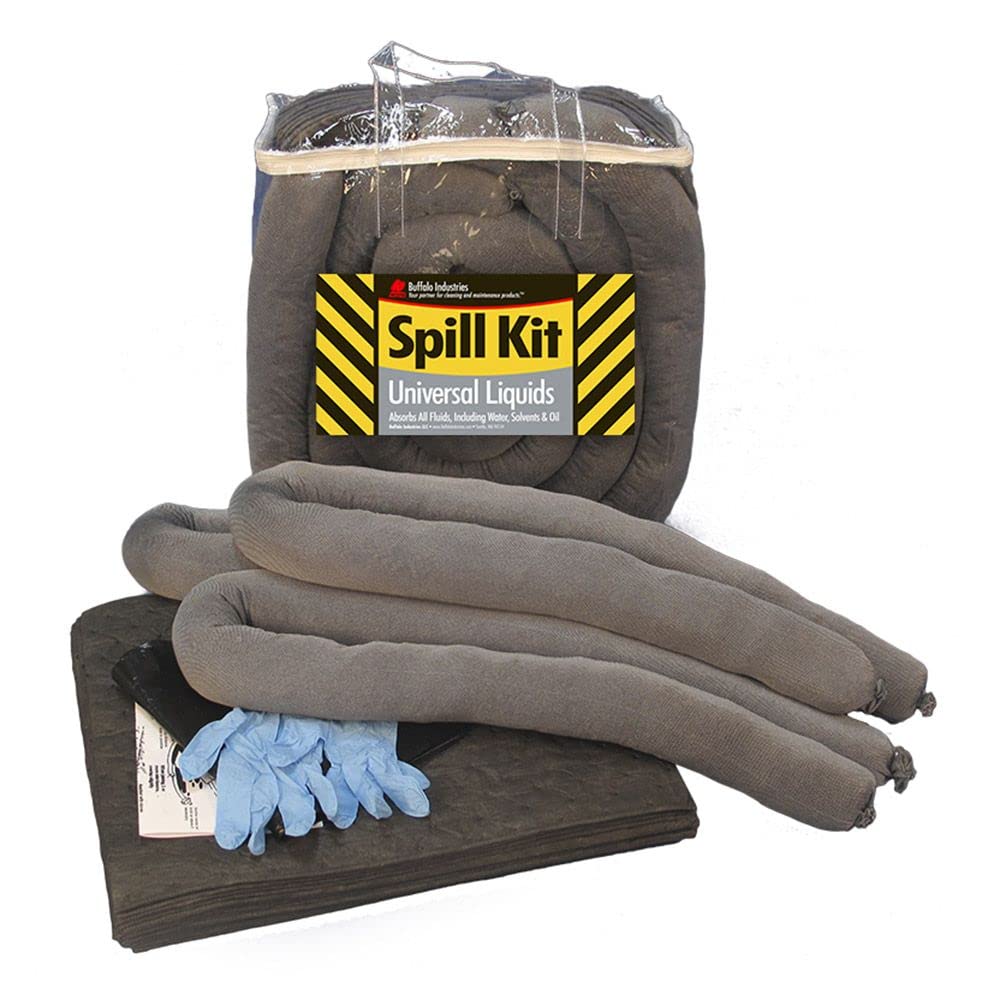 Buffalo Industries (92000)Universal Economy Quick-Response Spill Kit, 5 Gallon, Absorb Oil and Water-Based Fluids, Paint, Solvent, Acid, 15 Medium Bonded Pads, 3-4' Socks, disposal bag, nitrile gloves